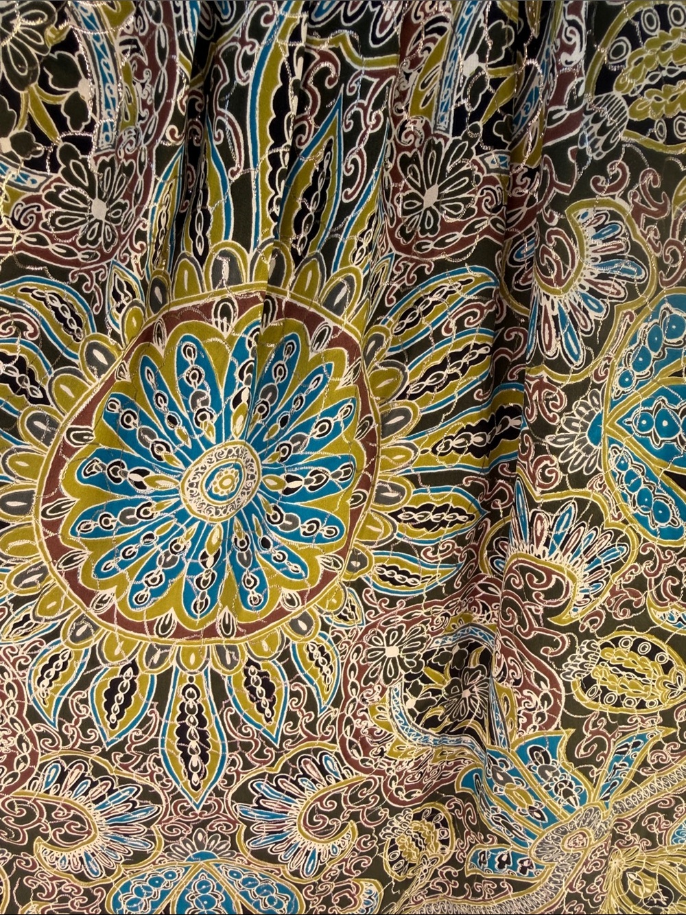Anna Sui Vtg lamé Olive, chartreuse & Teal Paisley Medallion Dress tunic pockets - Picture 5 of 9